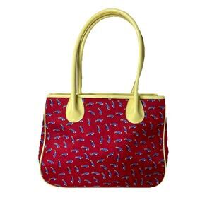 VTG MCM ALYNN Handbag w/Golfclub Print Yellow Faux Leather -Red Fabric Golfing